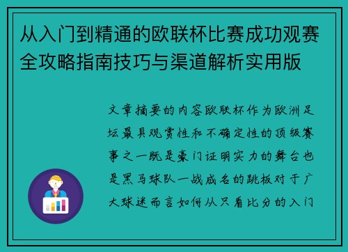 从入门到精通的欧联杯比赛成功观赛全攻略指南技巧与渠道解析实用版